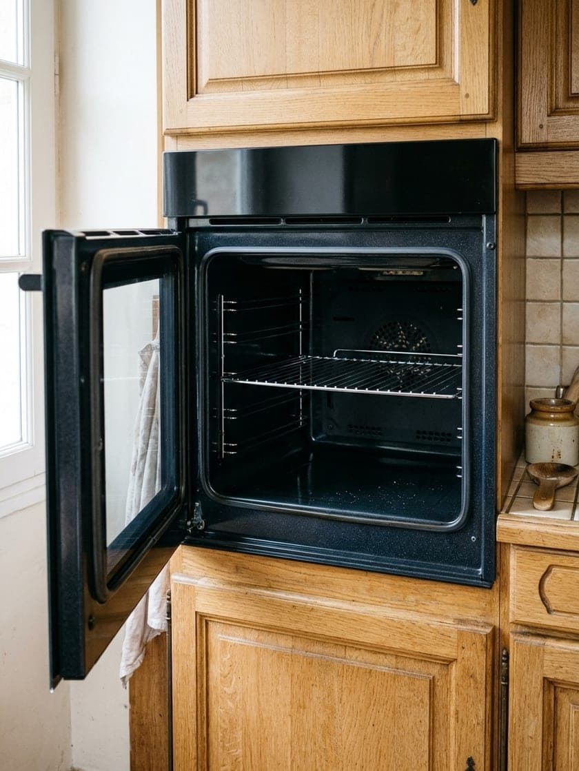 Le même four, émail noir propre, grille nette et vitre redevenue transparente