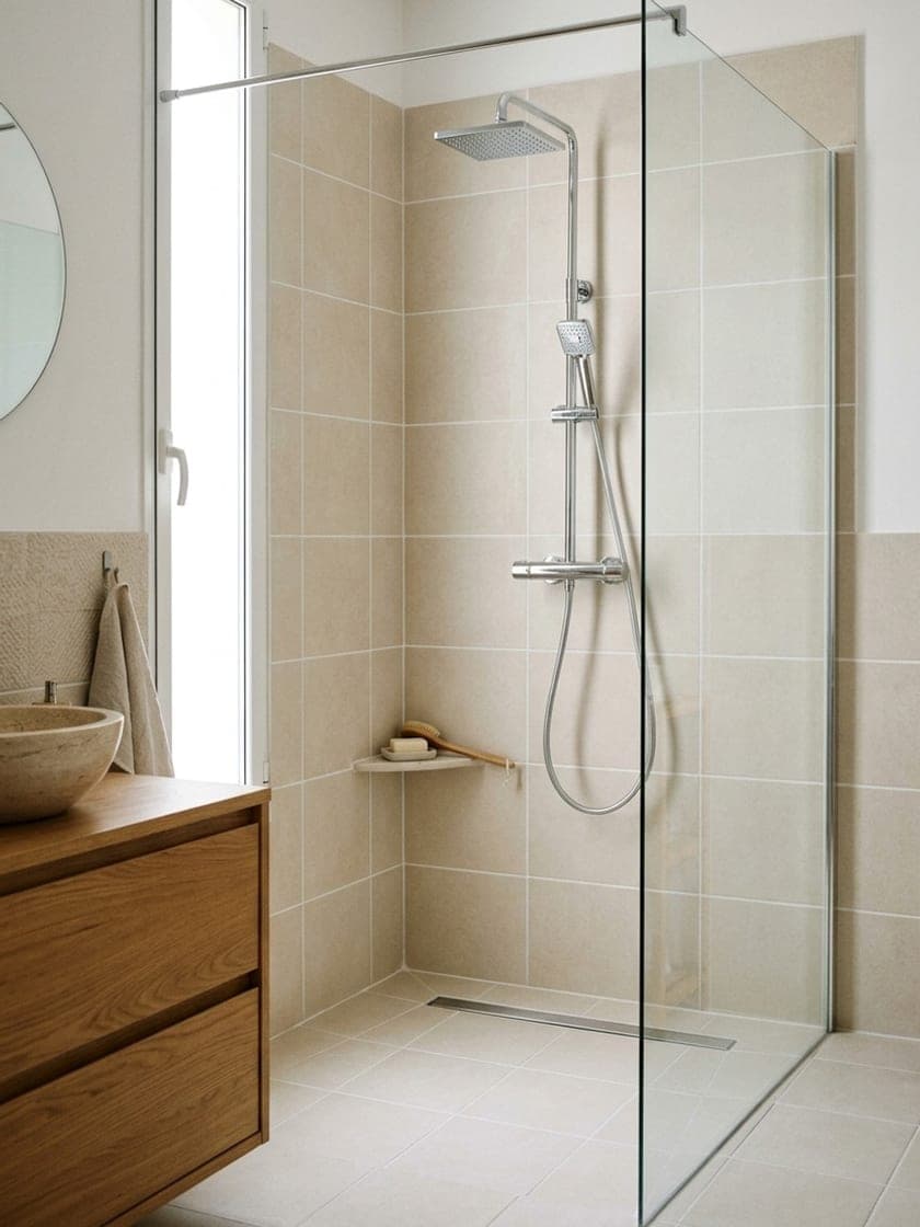 La même douche, paroi transparente, joints clairs et mitigeur brillant