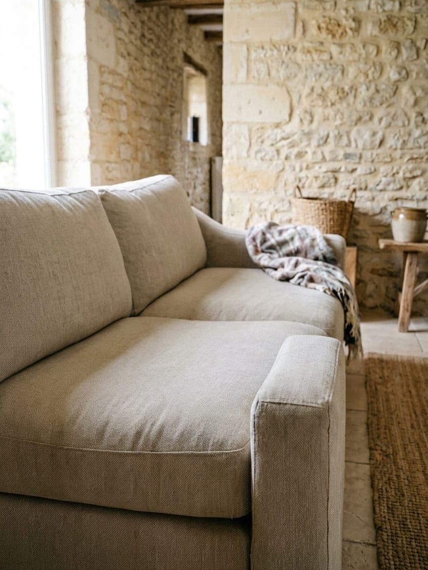 Le même canapé, tissu uniforme et propre, coussins regonflés