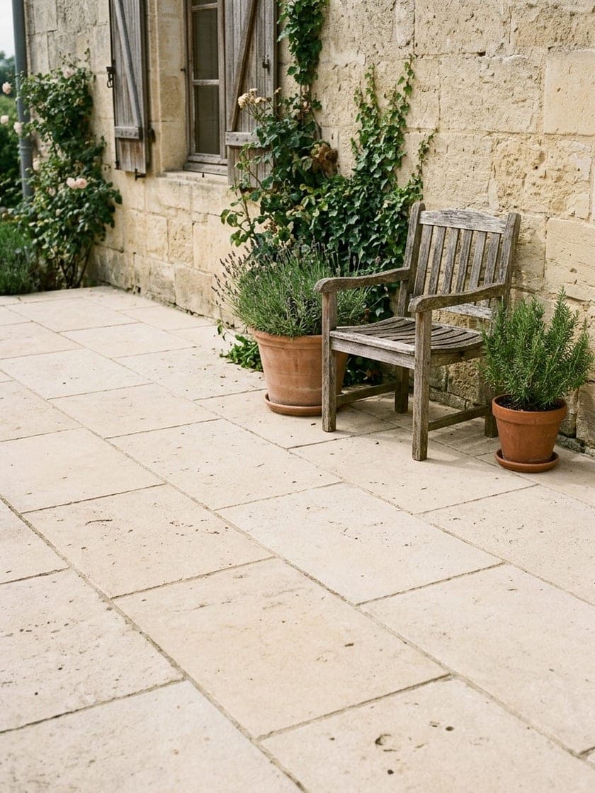 La même terrasse, dalles calcaires redevenues claires, banc de bois et pots de plantes
