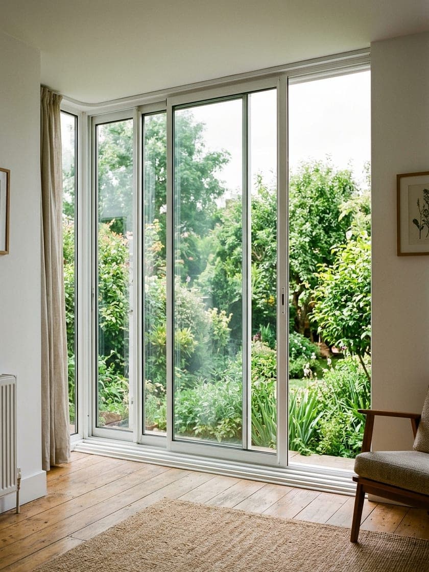 La même baie vitrée, verre transparent sur le jardin, rails propres