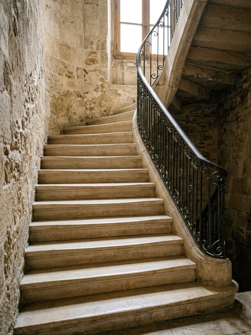 Le même escalier, marches de pierre claire nettes, rampe en fer forgé dépoussiérée