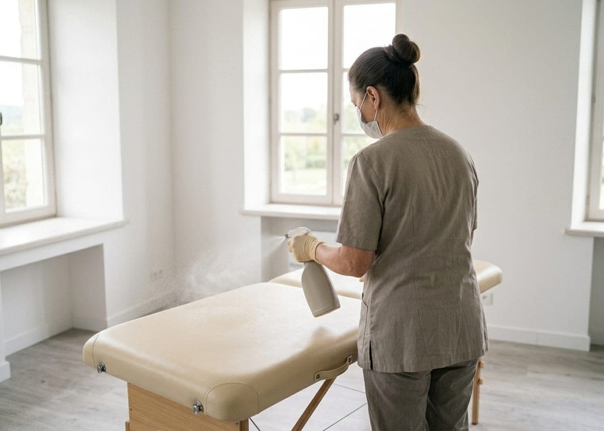 Femme de dos, masque et gants beiges, qui pulvérise un désinfectant sur une table de soins dans une pièce claire