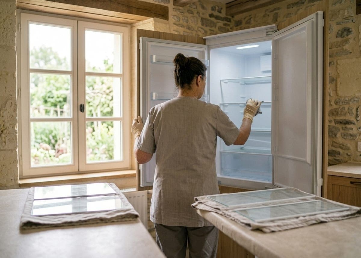 Mains gantées de beige qui nettoient l'intérieur d'un réfrigérateur vidé, clayettes en verre posées sur un torchon
