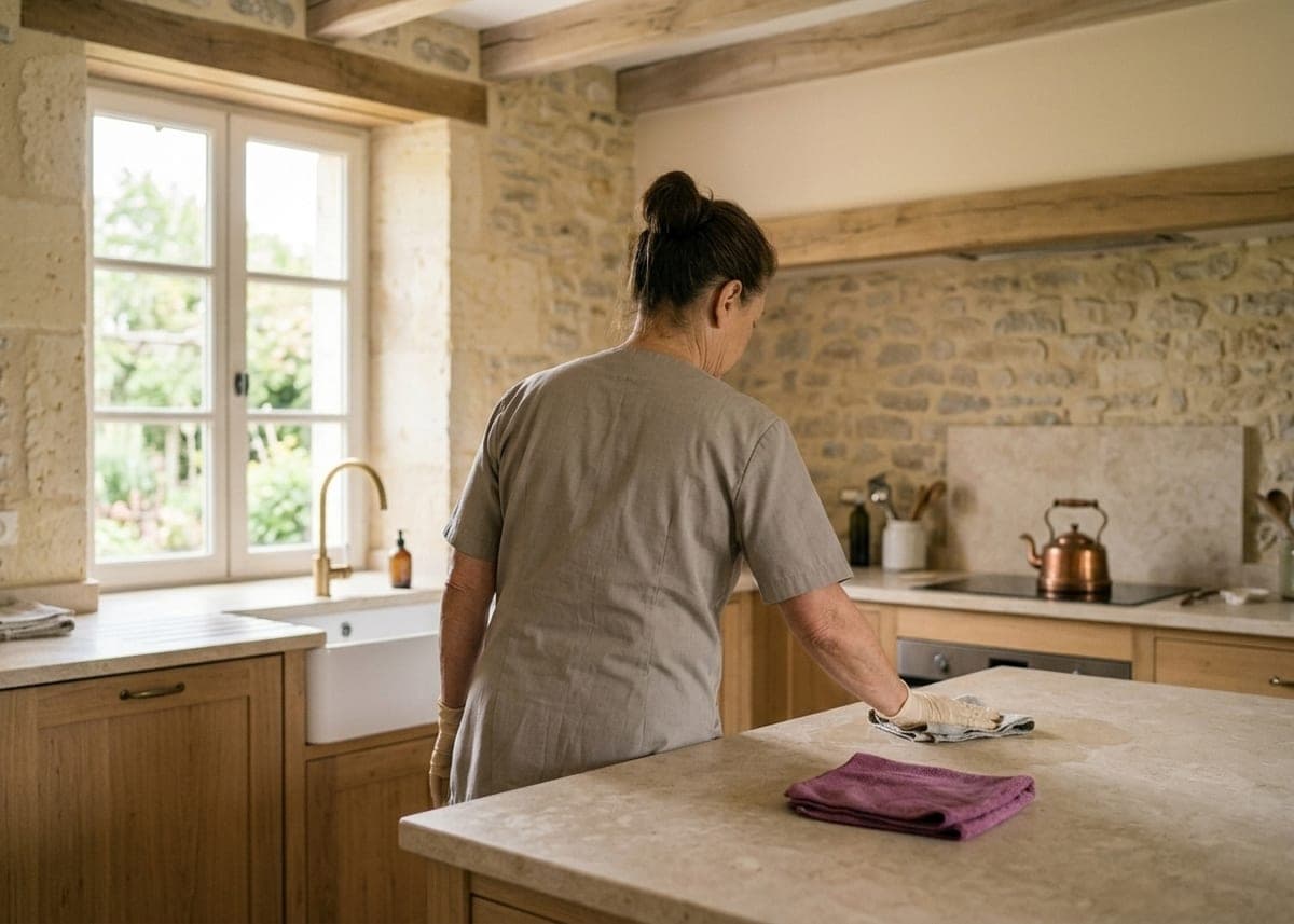 Femme de dos qui essuie un plan de travail clair dans une cuisine en pierre, chiffon prune posé devant elle