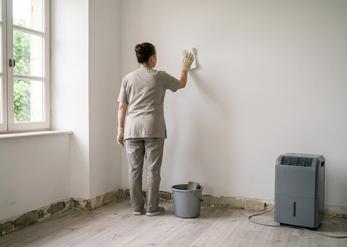 Pièce après un dégât des eaux, déshumidificateur au sol, femme de dos qui essuie un mur à l'éponge