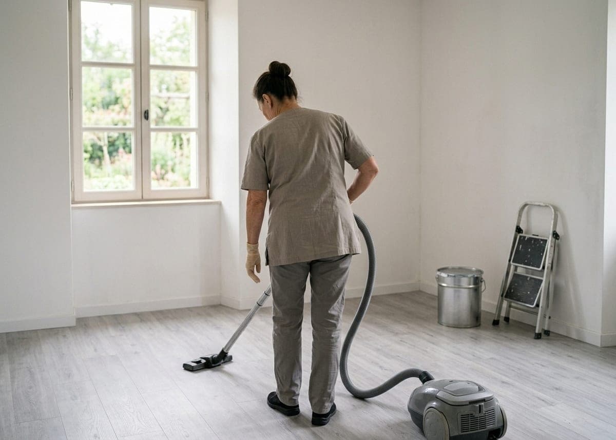 Pièce fraîchement rénovée aux murs blancs, femme de dos qui passe l'aspirateur sur un sol poussiéreux de plâtre