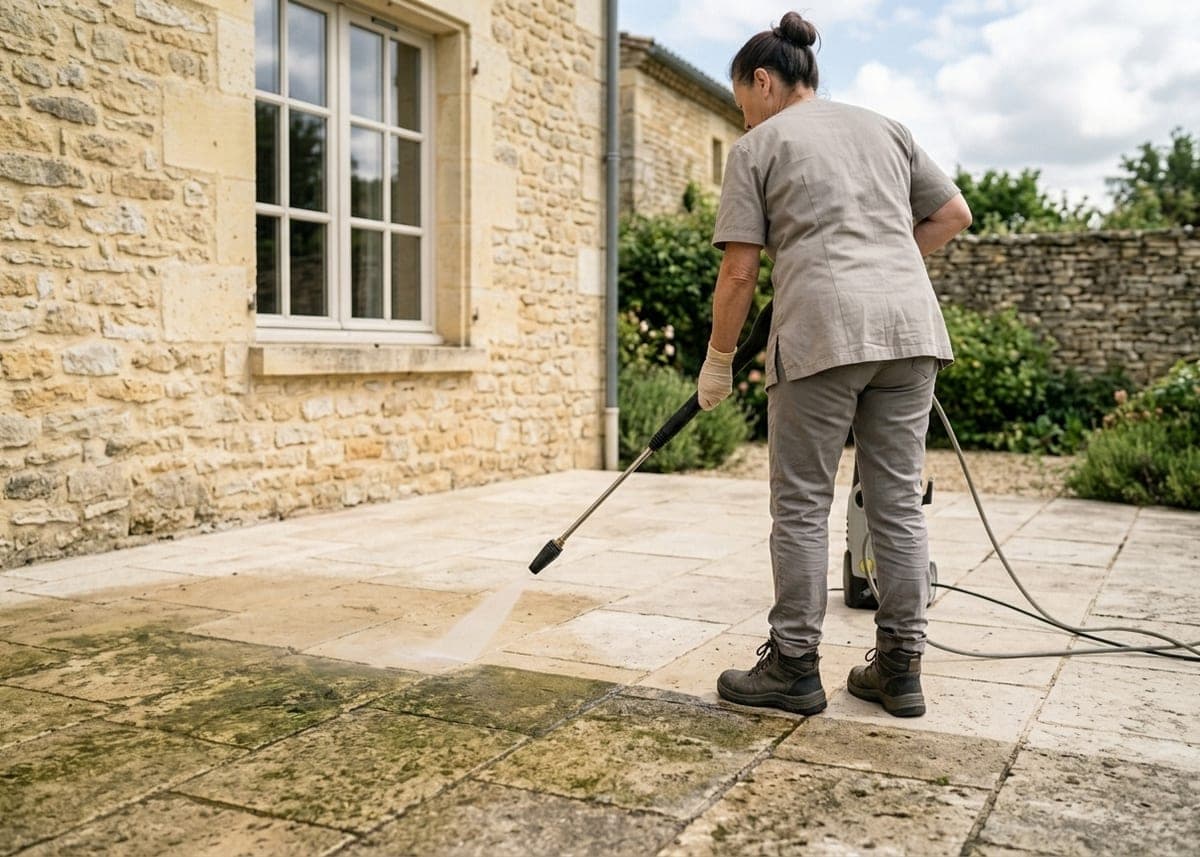 Terrasse en dalles de pierre claire, bande nettoyée à côté d'une bande verdie, nettoyeur tenu par une femme en bottes