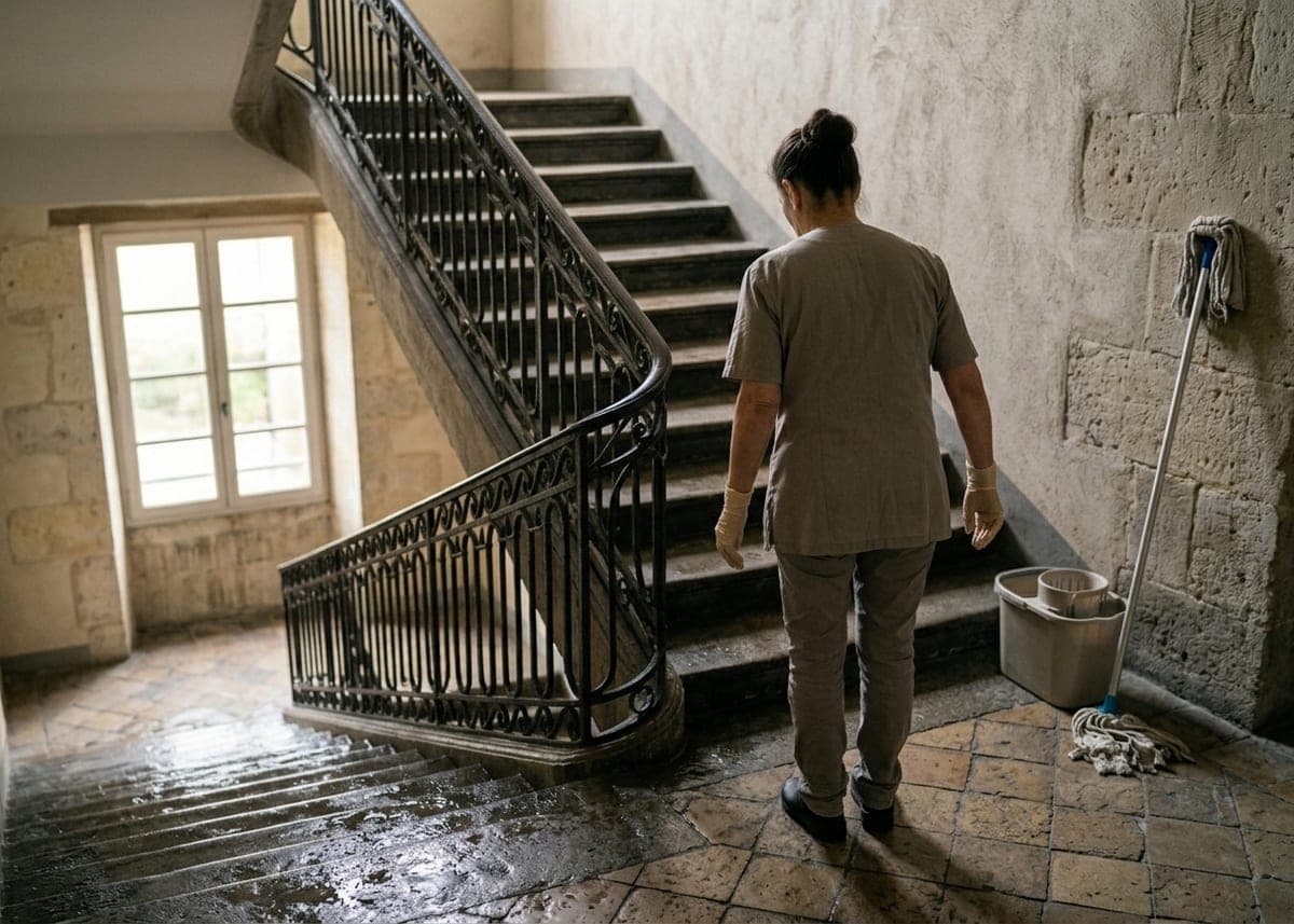 Cage d'escalier d'immeuble ancien en pierre, marches lavées encore humides, seau et balai sur le palier