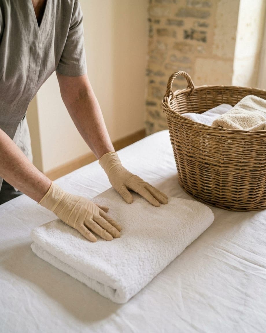 Mains qui plient une serviette blanche sur un lit fait, panier de linge en osier à côté, chambre aux murs crème