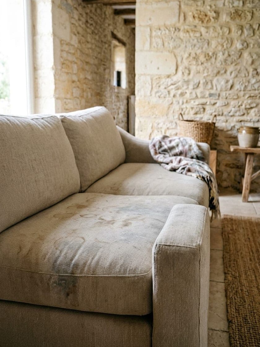 Canapé en tissu beige taché sur l'assise, devant un mur de pierre blonde