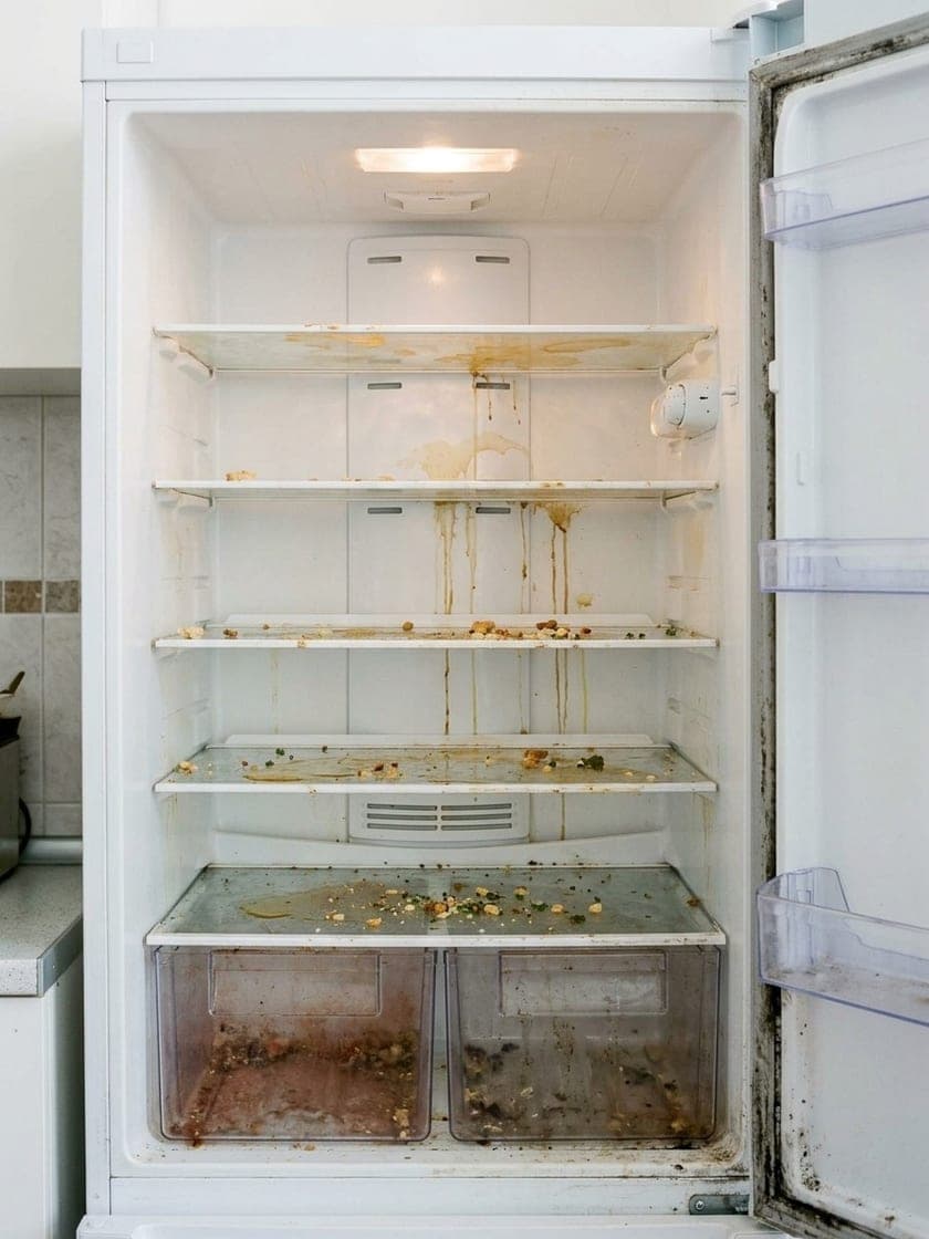Réfrigérateur vide aux clayettes tachées et au bac à légumes encrassé