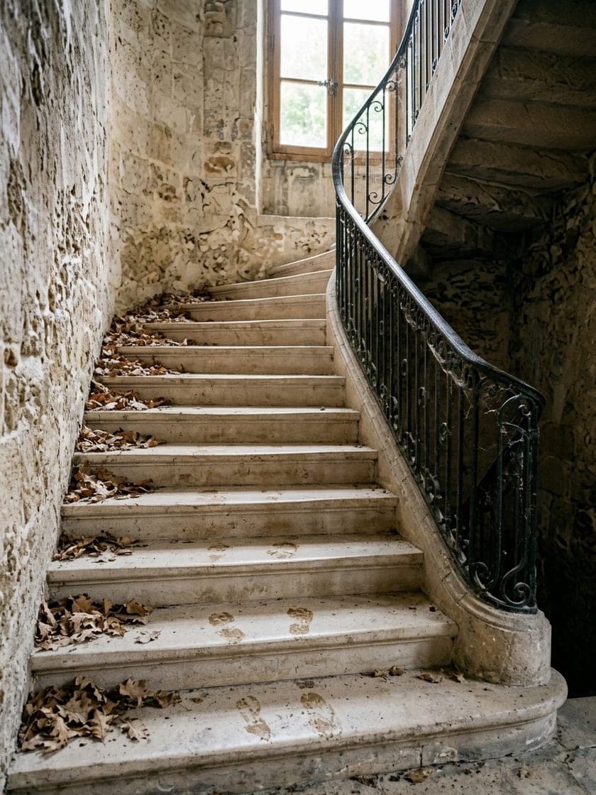 Escalier de pierre d'immeuble ancien, marches poussiéreuses et feuilles mortes