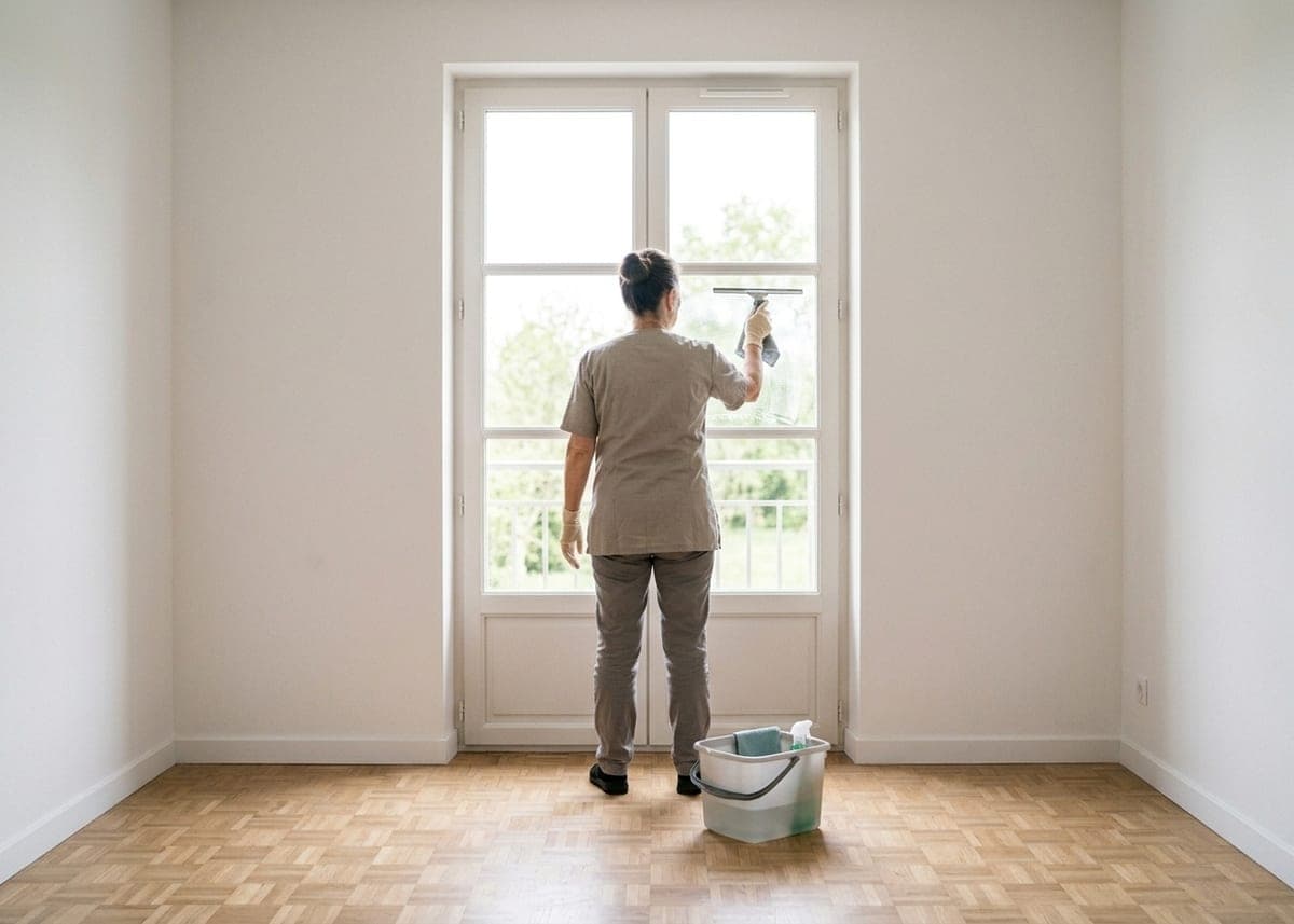 Appartement vide et lumineux, femme de dos qui lave la vitre d'une porte-fenêtre, seau posé sur le parquet