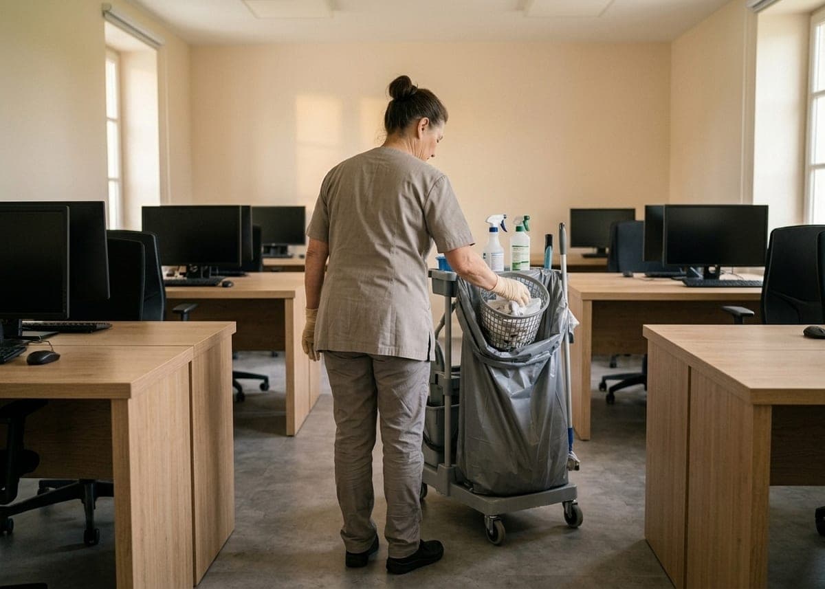 Open-space en fin de journée, femme de dos qui vide une corbeille dans le sac de son chariot, bureaux en bois clair
