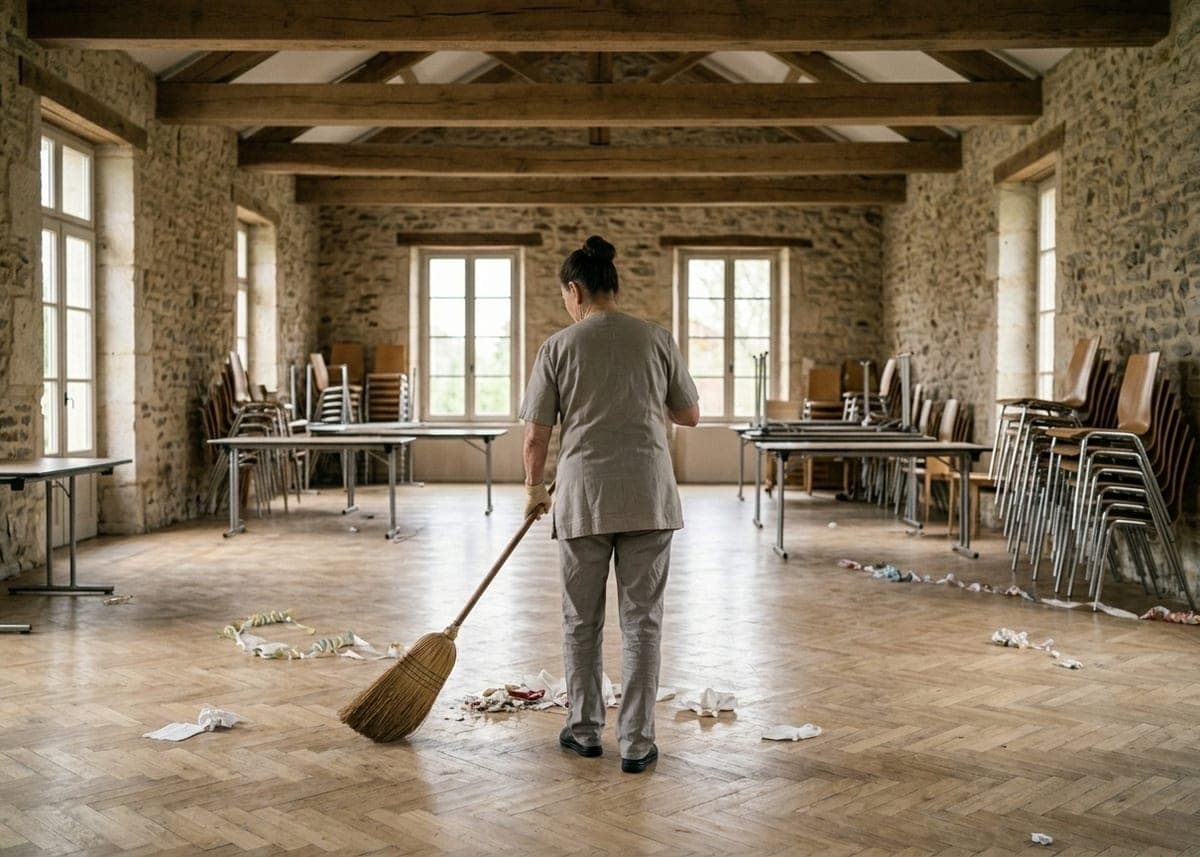 Salle de réception aux murs de pierre et poutres le lendemain d'une fête, femme de dos qui balaie le parquet