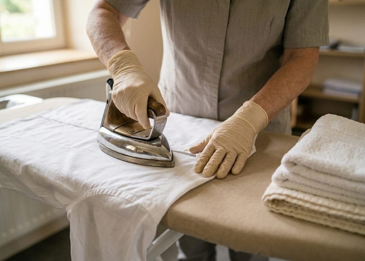 Mains qui repassent une chemise blanche sur une table au tissu beige, pile de serviettes pliées à côté
